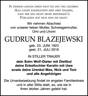 Traueranzeige von GUDRUN BLAZEJEWSKI von Leipziger Volkszeitung