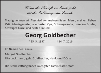 Traueranzeige von Georg Goldbecher von Ostsee-Zeitung