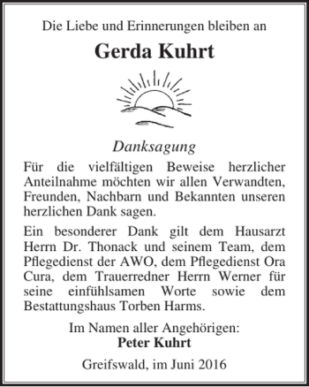 Traueranzeige von Gerda Kuhrt von Ostsee-Zeitung