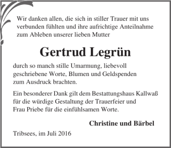 Traueranzeige von Gertrud Legrün von Ostsee-Zeitung
