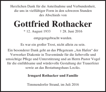 Traueranzeige von Gottfried Rothacker von Lübecker Nachrichten