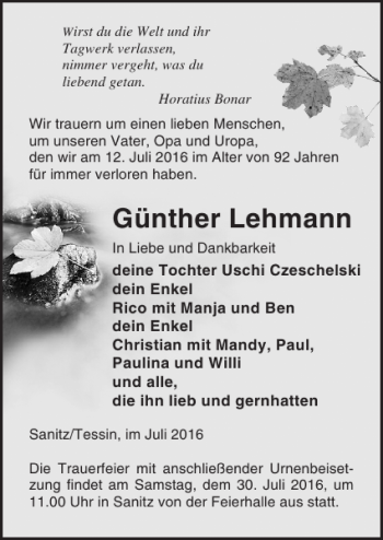 Traueranzeige von Günther Lehmann von Ostsee-Zeitung