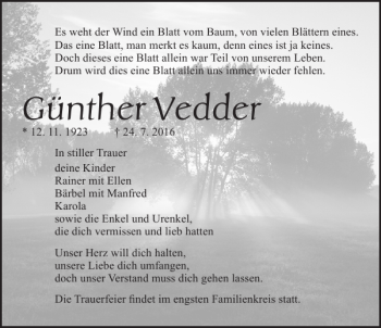 Traueranzeige von Günther Vedder von Ostsee-Zeitung