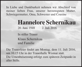 Traueranzeige von Hannelore Schernikau von Ostsee-Zeitung