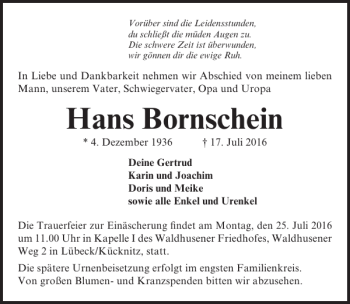 Traueranzeige von Hans Bornschein von Lübecker Nachrichten