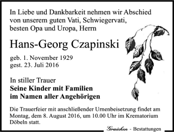 Traueranzeige von Hans-Georg Czapinski von Leipziger Volkszeitung
