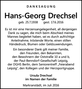 Traueranzeige von Hans-Georg Drechsel von Leipziger Volkszeitung