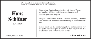 Traueranzeige von Hans Schlüter von Kieler Nachrichten / Segeberger Zeitung