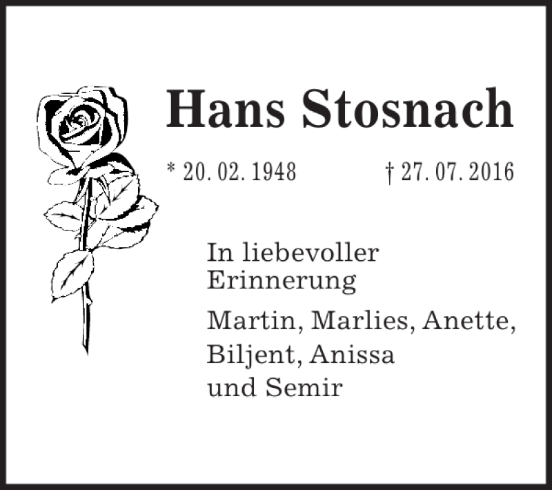  Traueranzeige für Hans stosnach vom 30.07.2016 aus HAZ/NP