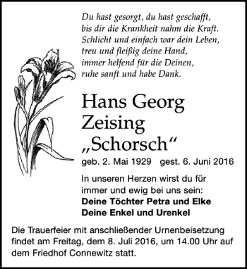 Traueranzeige von Hans Georg Zeising Schorsch von Leipziger Volkszeitung