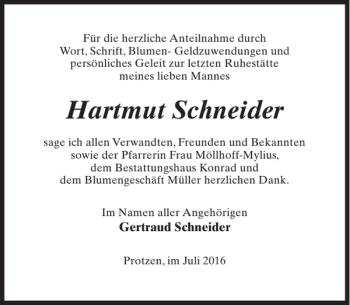 Traueranzeige von Hartmut Schneider von MAZ-Trauer.de
