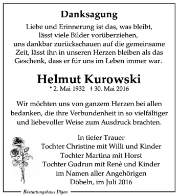 Traueranzeige von Helmut Kurowski von Leipziger Volkszeitung