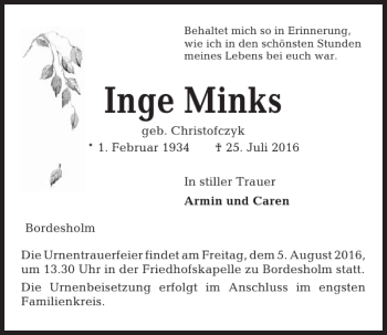 Traueranzeige von Inge Minks von Kieler Nachrichten / Segeberger Zeitung