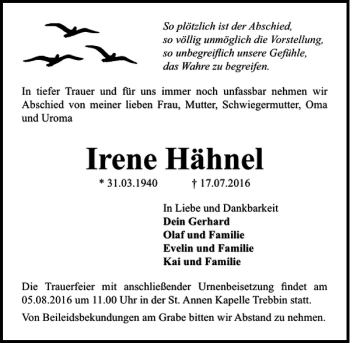 Traueranzeige von Irene Hähnel von MAZ-Trauer.de
