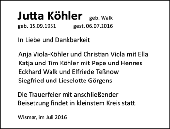 Traueranzeige von Ju a Köhler von Ostsee-Zeitung