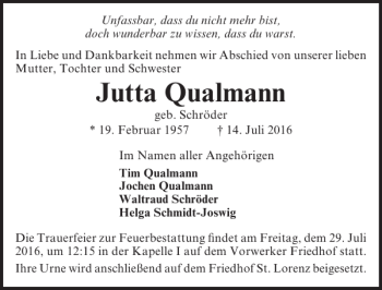 Traueranzeige von Jutta Qualmann von Lübecker Nachrichten