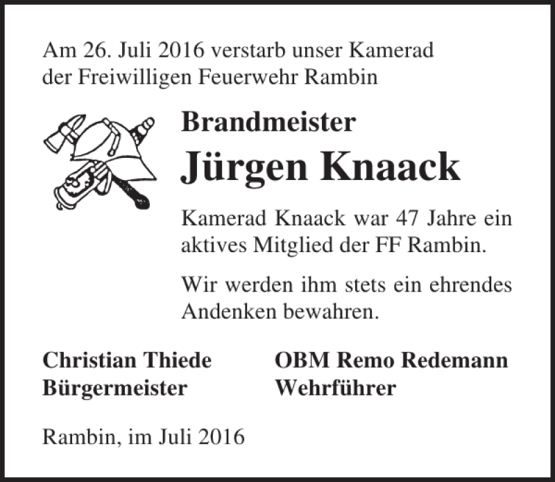  Traueranzeige für Jürgen Knaack vom 30.07.2016 aus Ostsee-Zeitung