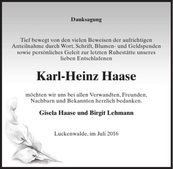 Traueranzeige von Karl-Heinz Haase von MAZ-Trauer.de
