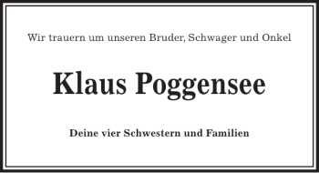Traueranzeige von Klaus Poggensee von Kieler Nachrichten / Segeberger Zeitung