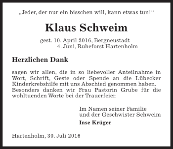 Traueranzeige von Klaus Schweim von Kieler Nachrichten / Segeberger Zeitung