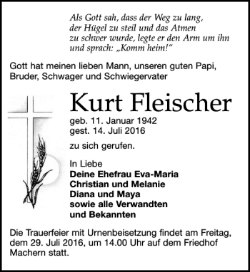 Traueranzeige von Kurt Fleischer von Leipziger Volkszeitung
