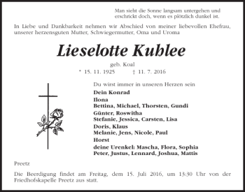 Traueranzeige von Lieselotte Kuhlee von Kieler Nachrichten / Segeberger Zeitung
