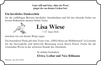 Traueranzeige von Lisa Wiese von Lübecker Nachrichten