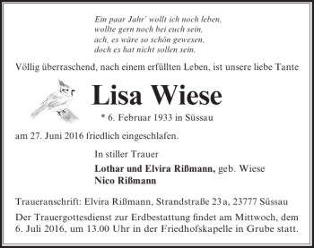 Traueranzeige von Lisa Wiese von Lübecker Nachrichten