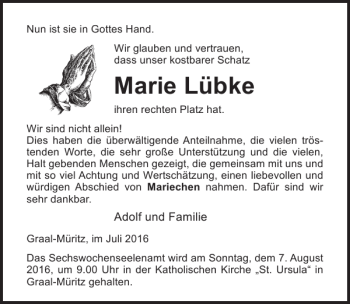 Traueranzeige von Marie Lübke von Ostsee-Zeitung