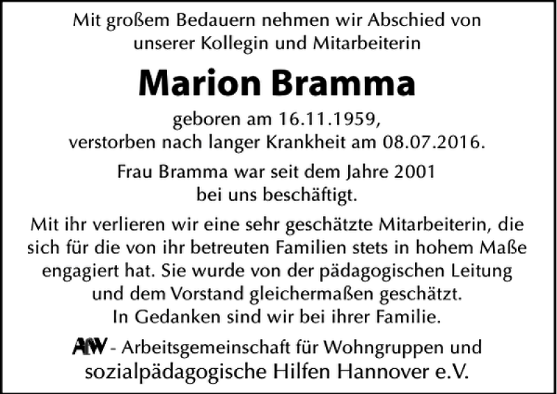  Traueranzeige für Marion Bramma vom 16.07.2016 aus HAZ/NP
