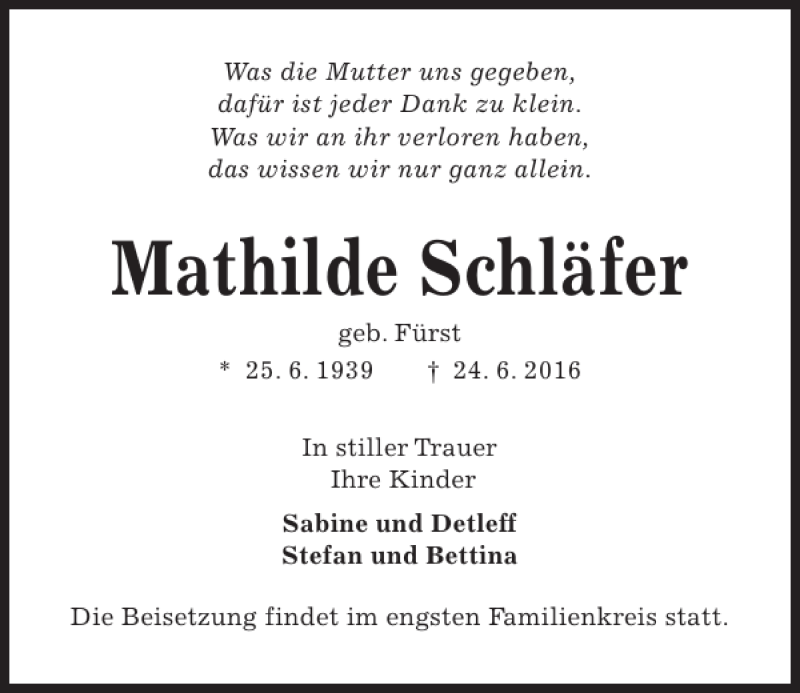  Traueranzeige für Mathilde Schläfer vom 02.07.2016 aus Kieler Nachrichten / Segeberger Zeitung