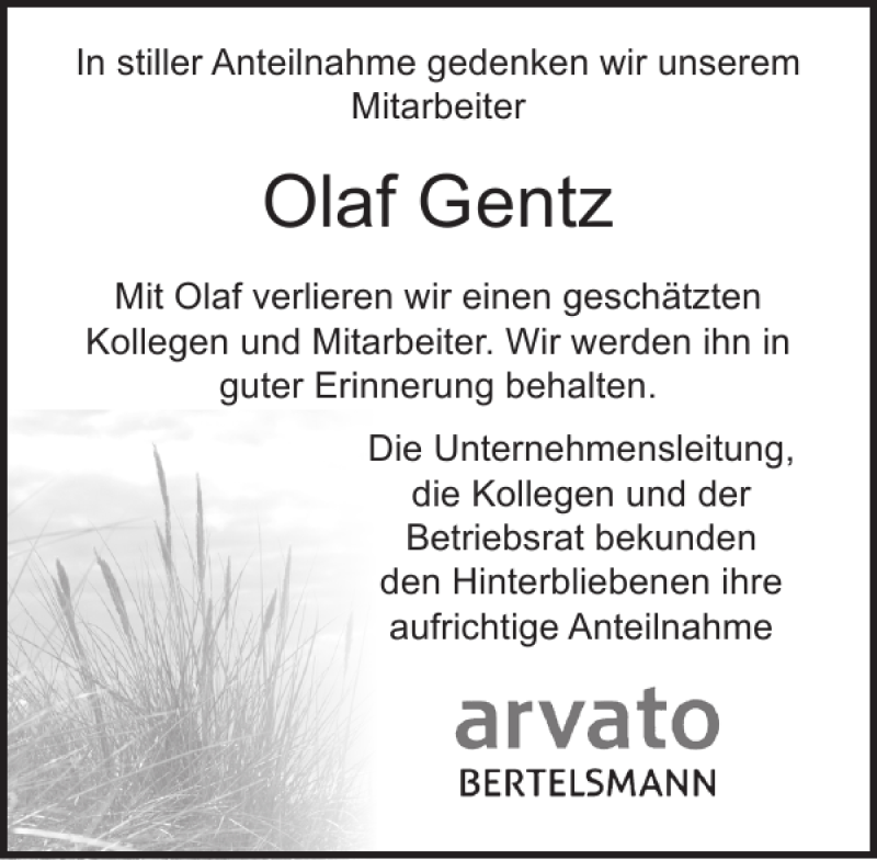  Traueranzeige für Olaf Gentz vom 02.07.2016 aus Ostsee-Zeitung