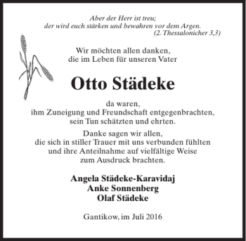 Traueranzeige von Otto Städeke von MAZ-Trauer.de