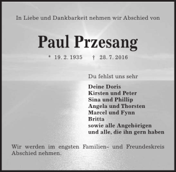 Traueranzeige von Paul Przesang von Kieler Nachrichten / Segeberger Zeitung