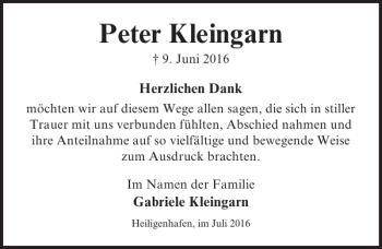 Traueranzeige von Peter Kleingarn von Lübecker Nachrichten