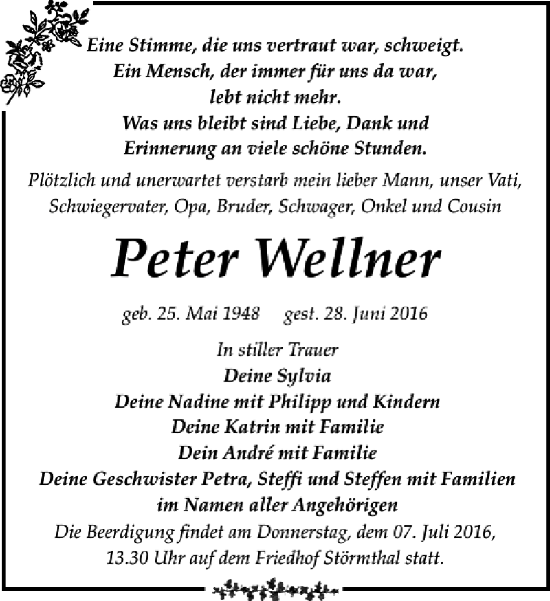  Traueranzeige für Peter Wellner vom 02.07.2016 aus Leipziger Volkszeitung