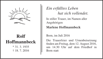 Traueranzeige von Rolf Hoffmannbeck von Ostsee-Zeitung