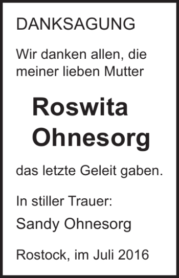 Traueranzeige von Roswita Ohnesorg von Ostsee-Zeitung
