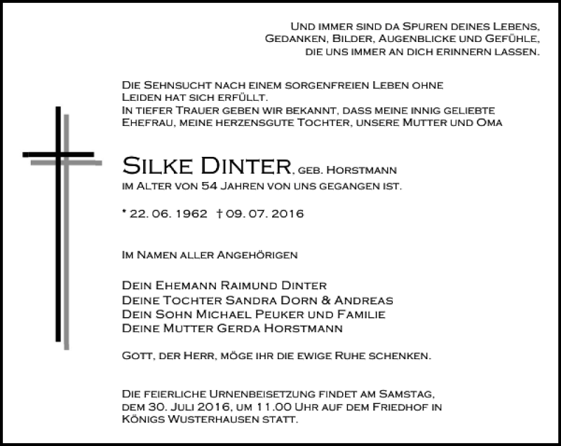  Traueranzeige für Silke Dinter vom 16.07.2016 aus MAZ-Trauer.de