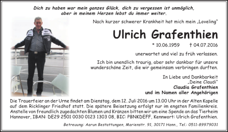  Traueranzeige für Ulrich Grafenthien vom 09.07.2016 aus HAZ/NP