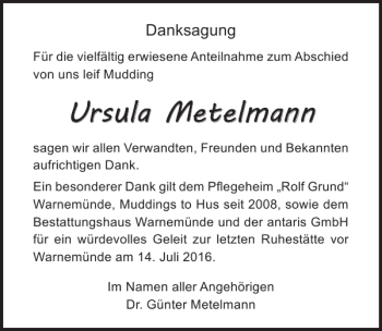 Traueranzeige von Ursula Metelmann von Ostsee-Zeitung