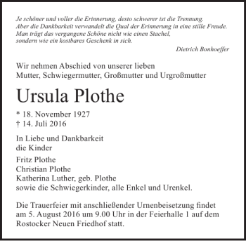 Traueranzeige von Ursula Plothe von Ostsee-Zeitung