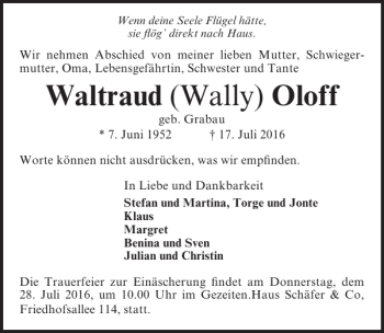 Traueranzeige von Wally  von Lübecker Nachrichten