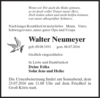 Traueranzeige von Walter Neumeyer von MAZ-Trauer.de