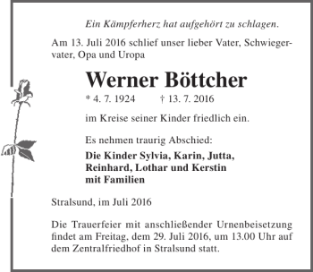 Traueranzeige von Werner Böttcher von Ostsee-Zeitung