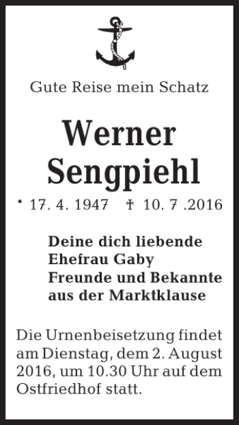 Traueranzeige von Werner Sengpiehl von Kieler Nachrichten / Segeberger Zeitung