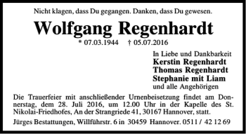 Traueranzeige von Wolfgang Regenhardt von HAZ/NP