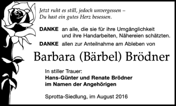 Traueranzeige von Barbara Bärbel Brödner von Leipziger Volkszeitung