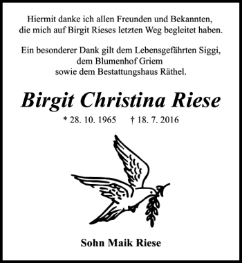 Traueranzeige von Birgit Christina Riese von Ostsee-Zeitung