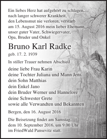 Traueranzeige von Bruno Karl Radke von Ostsee-Zeitung
